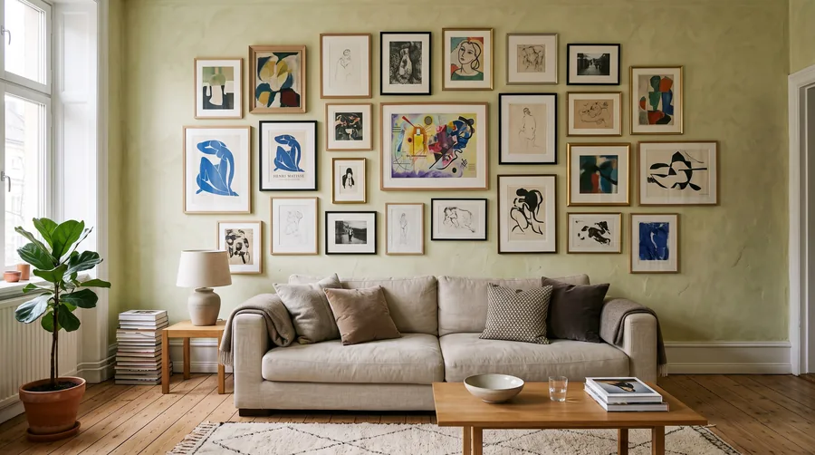 A gallery wall above a low sofa, annotated